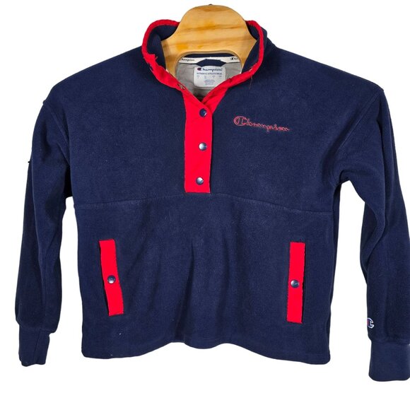 Champion 1/2 Snap‎ Pullover Fleece Jacket Medium Men's Blue Red Long Sleeve - Picture 1 of 10